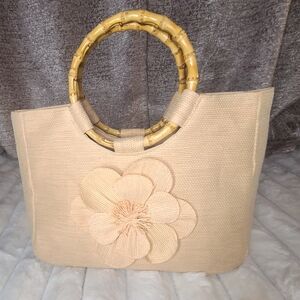 Neiman Marcus Cream Tan Tote with Floral Embossed Design